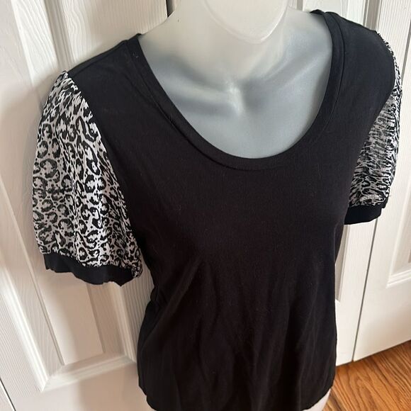 DKNY Puff Sleeve Black Leopard Animal Mixed Media Blouse Top Shirt Medium M - Picture 4 of 5